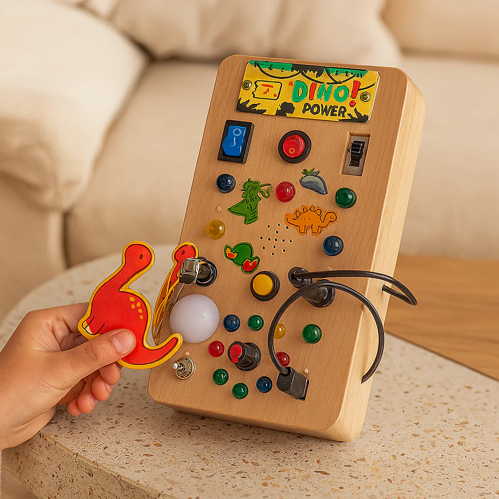 Dinosaurier-Aktivitätsspielzeug aus Holz – Lernschachspiel mit Lichtern, Musik und Sensoren - Image 3