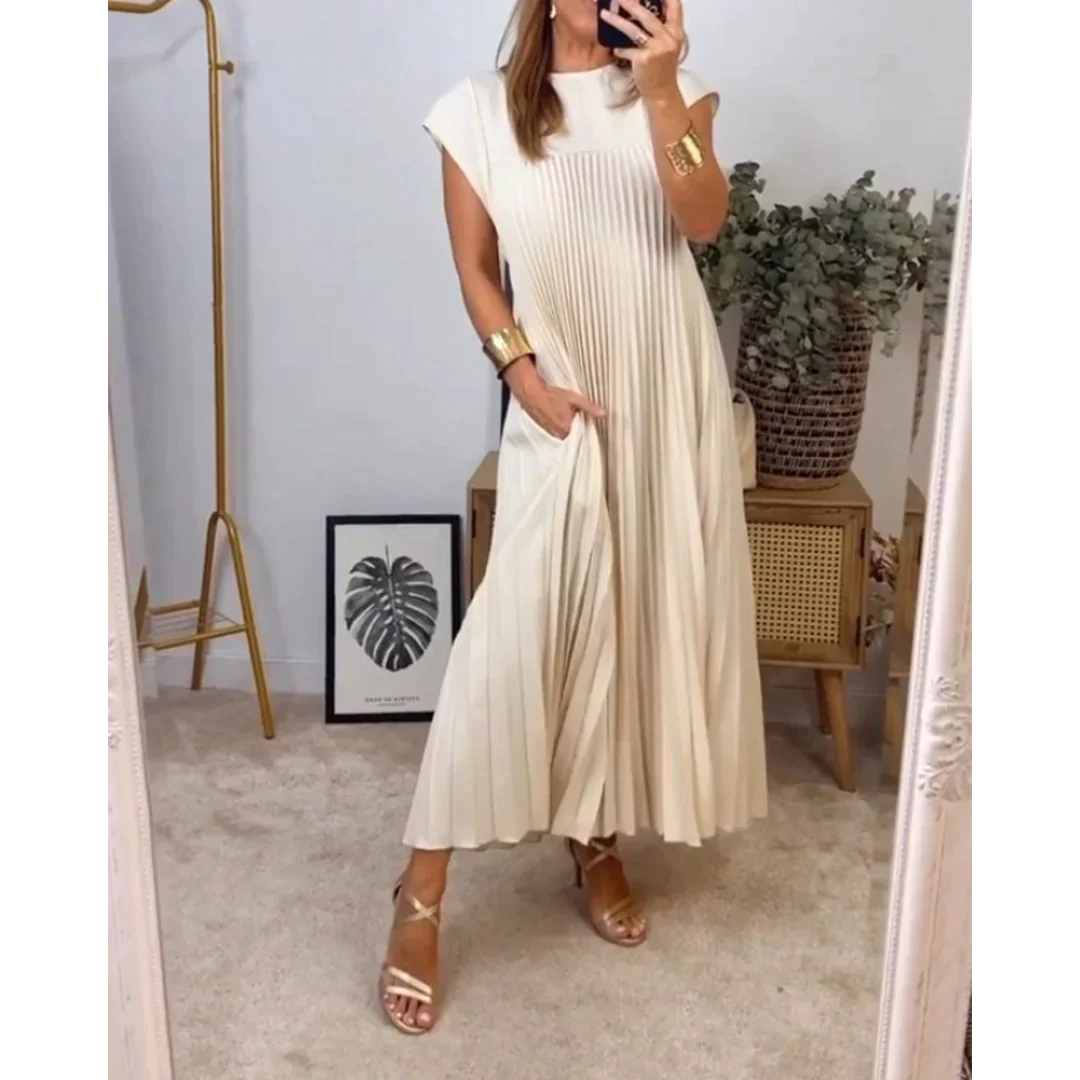 Elara Plissierter Maxikleid mit kurzen Ärmeln
