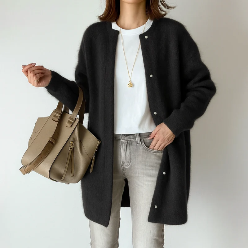 Elegante Damen Strickjacke – mit Taschen und Rundhalsausschnitt aus Acryl, lockere Passform - Image 3