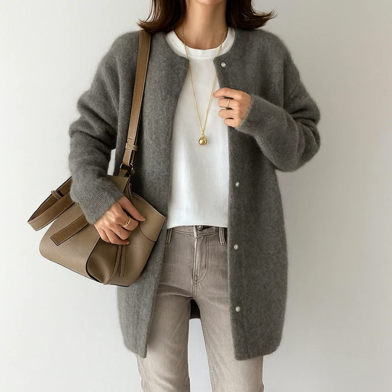 Elegante Damen Strickjacke – mit Taschen und Rundhalsausschnitt aus Acryl, lockere Passform - Image 6
