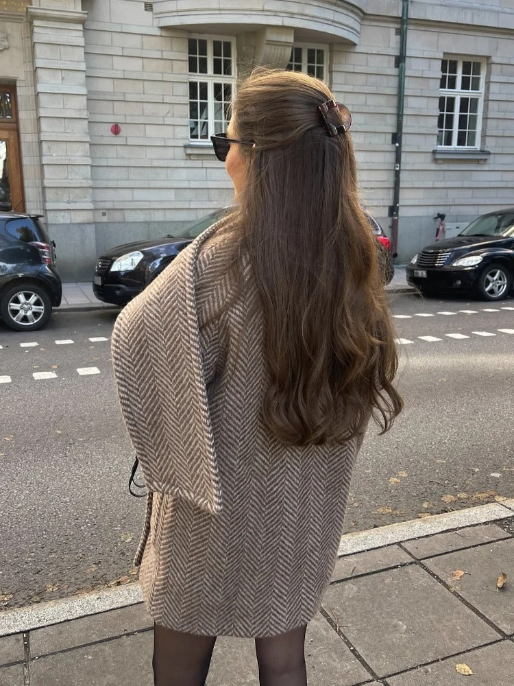 Eleganter Retro-Mantel Gestreifter Schal Kragen Wolljacke - Image 4