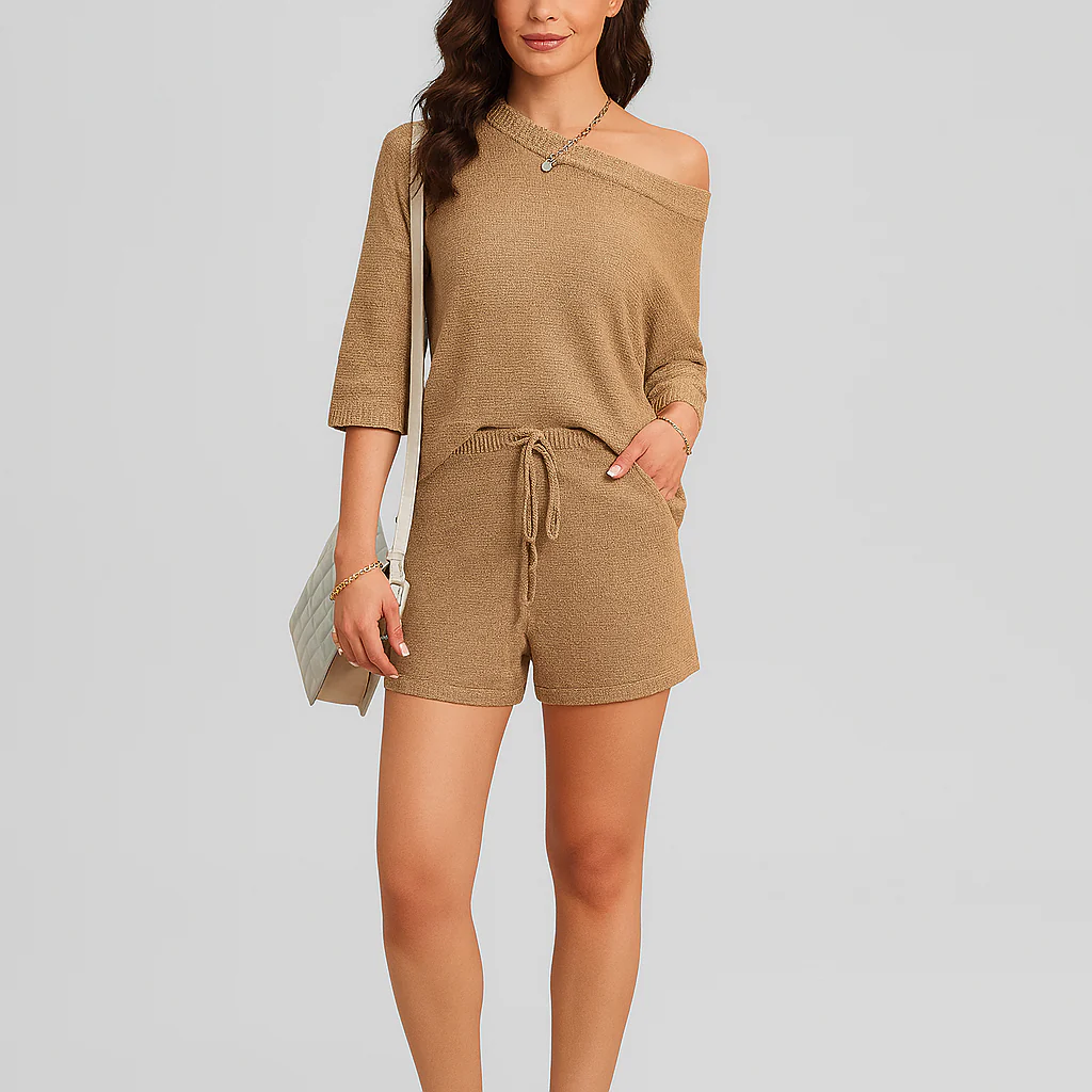 Elegantes 2-teiliges Set – Off-Shoulder-Trägertop & taillierte Shorts für Damen