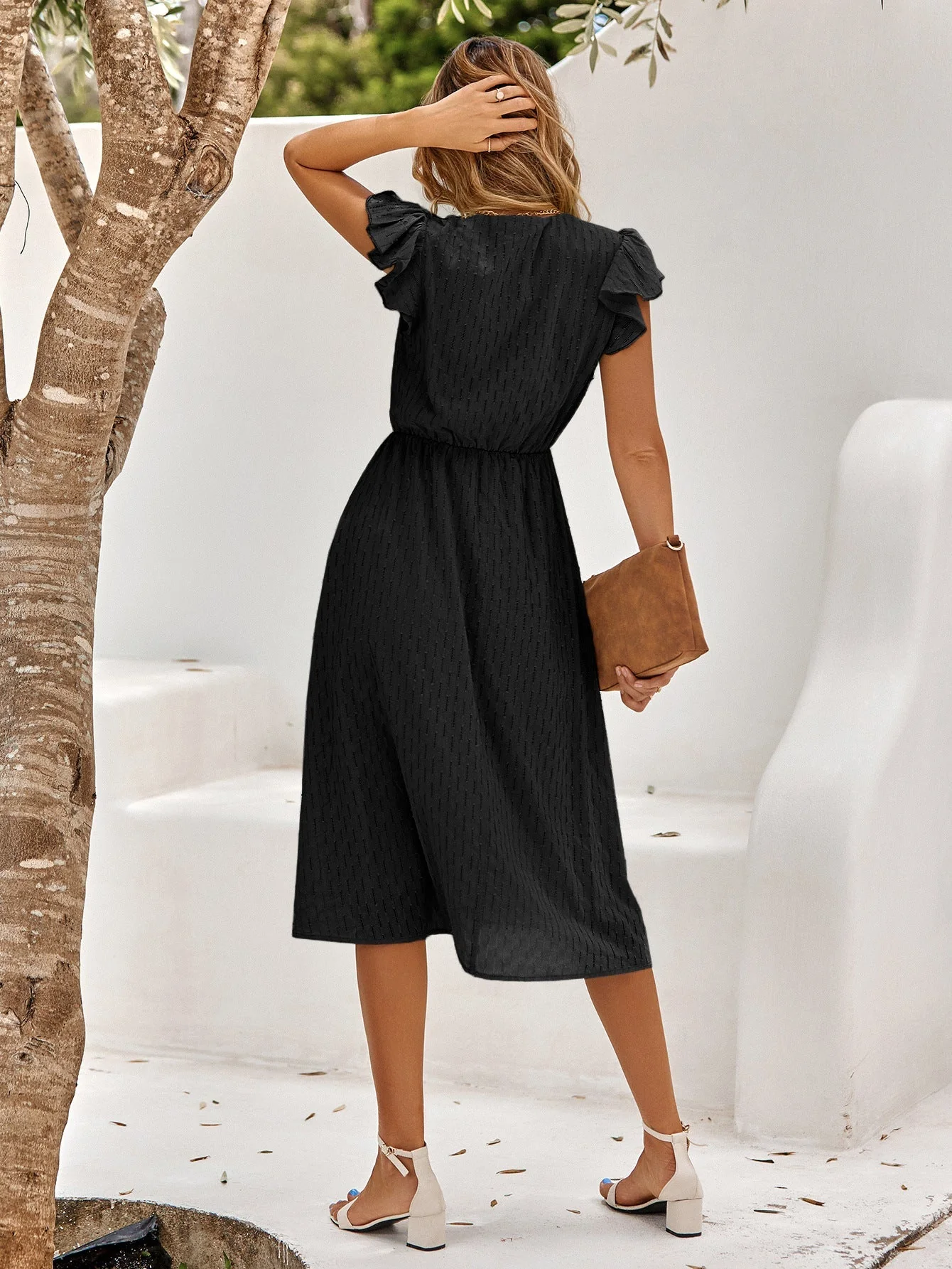 Elegantes Damen Midi Kleid mit Rüschenärmeln und V-Ausschnitt