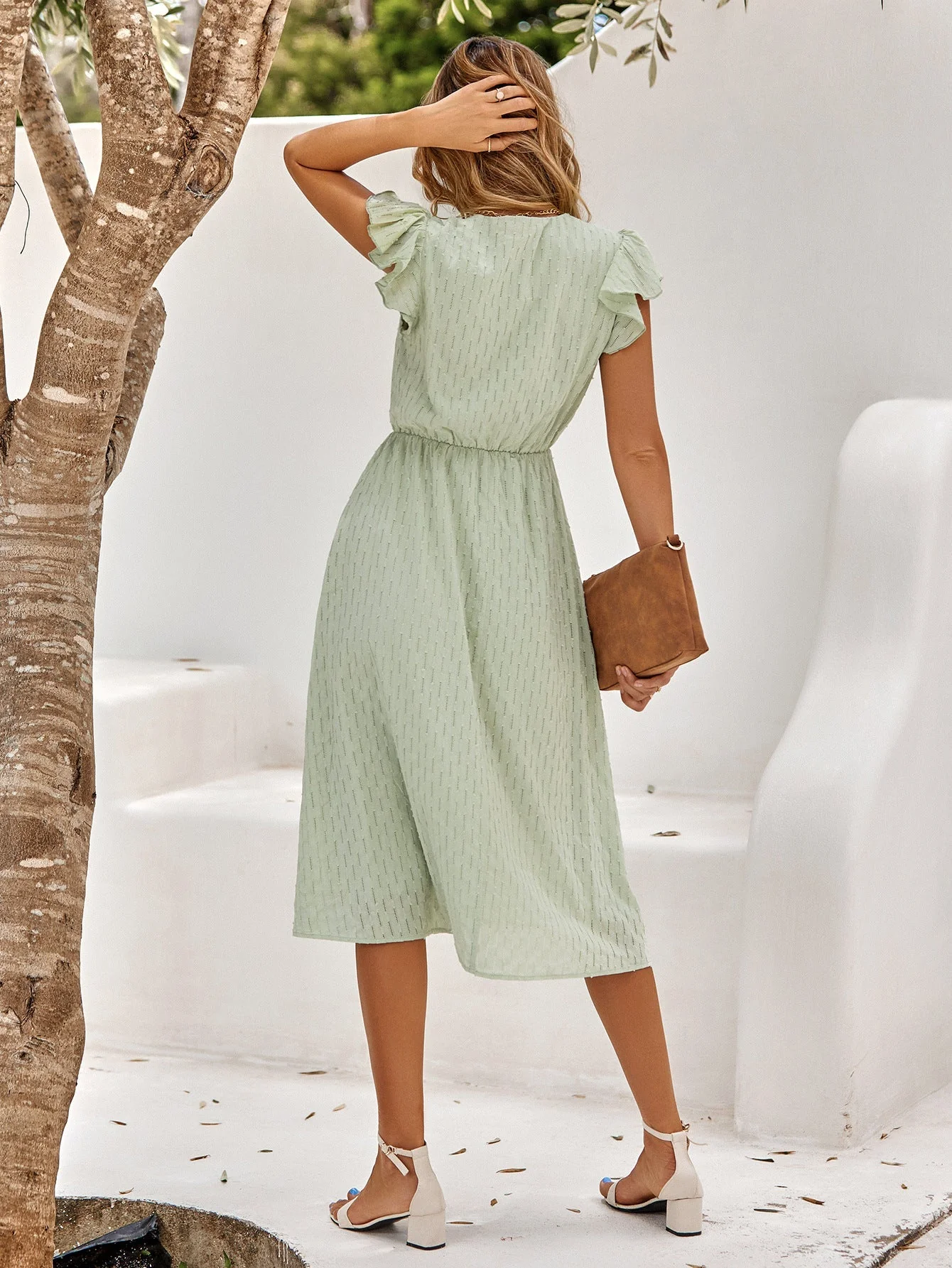 Elegantes Damen Midi Kleid mit Rüschenärmeln und V-Ausschnitt - Image 3