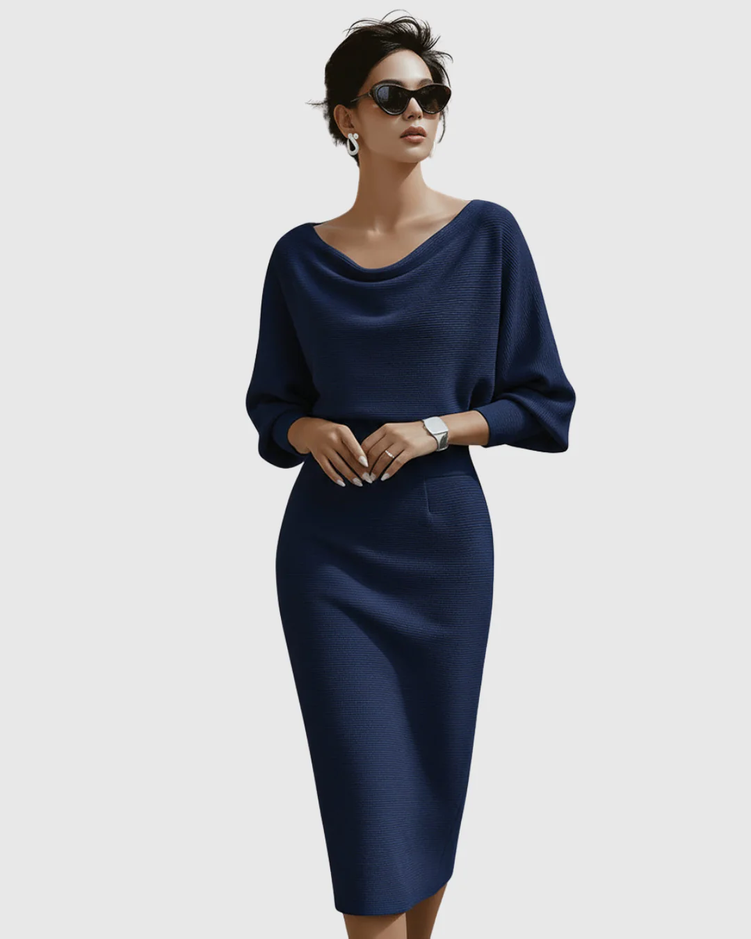 Elegantes drapiertes Midikleid mit Fledermausärmeln für Frauen