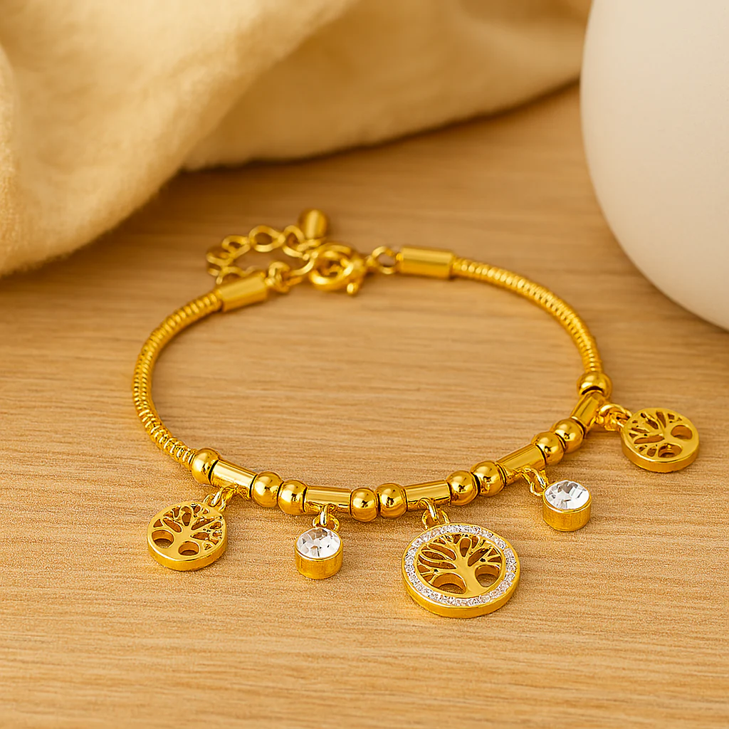 Elegantes goldenes Edelstahlarmband – Hohler Baumanhänger mit synthetischen Zirkonia-Charms - Image 2