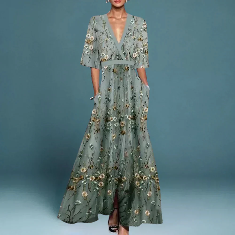 Elegantes Maxikleid Mit Blumenmuster – Sommer Kleider Lang Für Gartenpartys Und Events