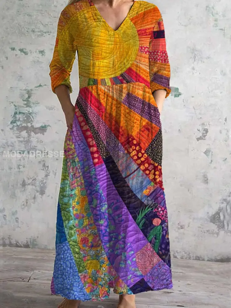 Elegantes Midi-Kleid mit V-Ausschnitt und Dreiviertelärmeln im Vintage-Stil
