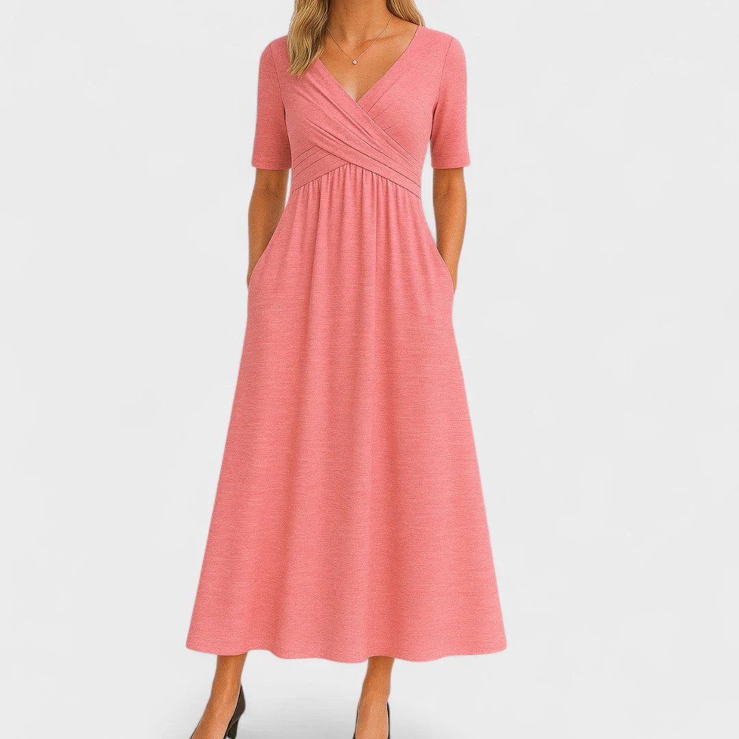 Elegantes Midikleid für Frauen - V-Ausschnitt, Ellbogenlange Ärmel, Praktische Taschen - Image 7