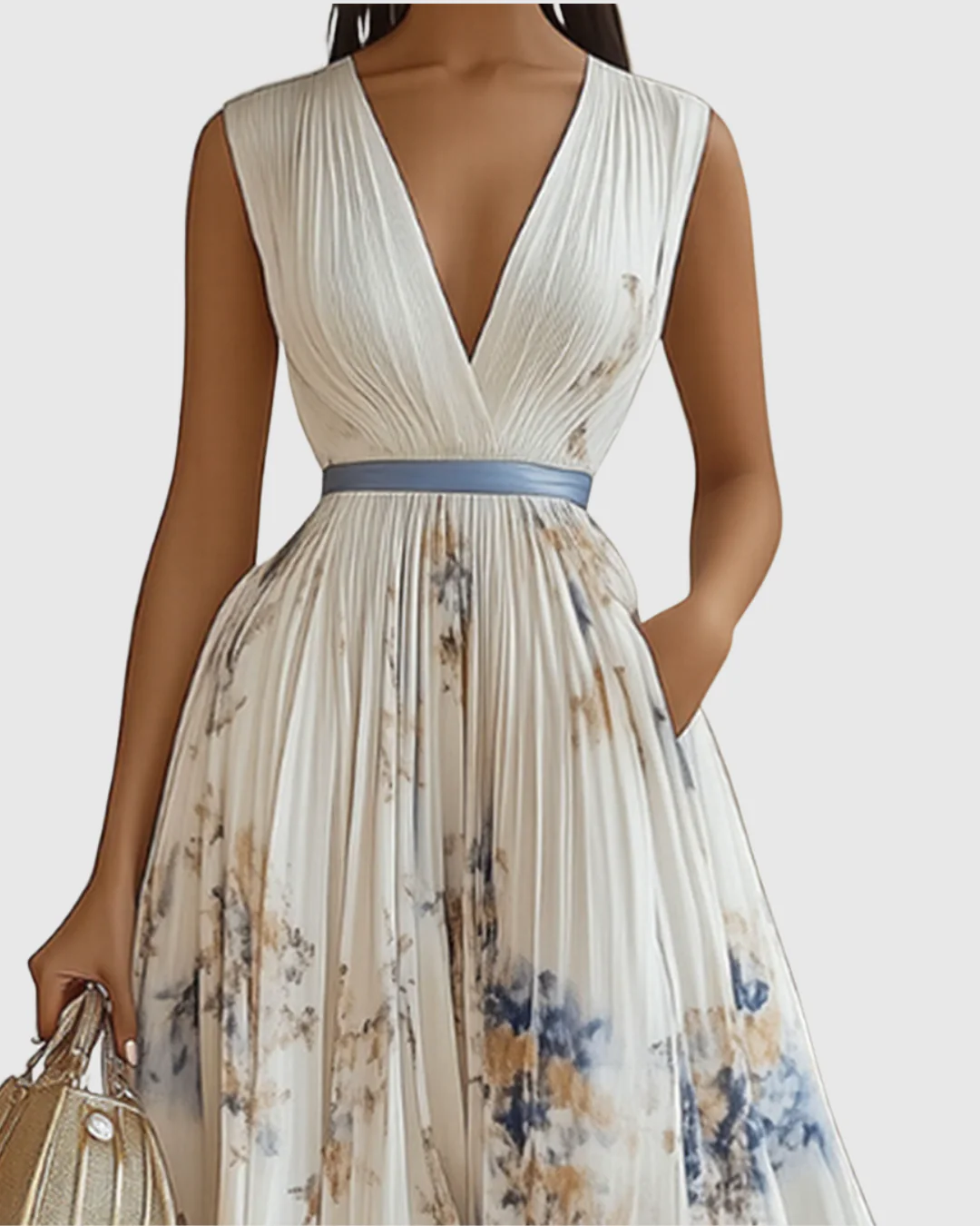 Elegantes plissiertes Maxikleid für Frauen – Sommerkleid mit V-Ausschnitt und langen Ärmeln