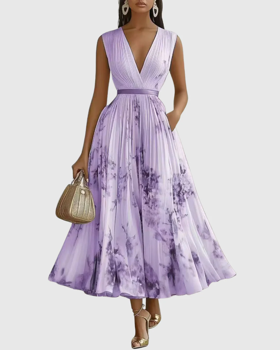 Elegantes plissiertes Maxikleid für Frauen – Sommerkleid mit V-Ausschnitt und langen Ärmeln - Image 12