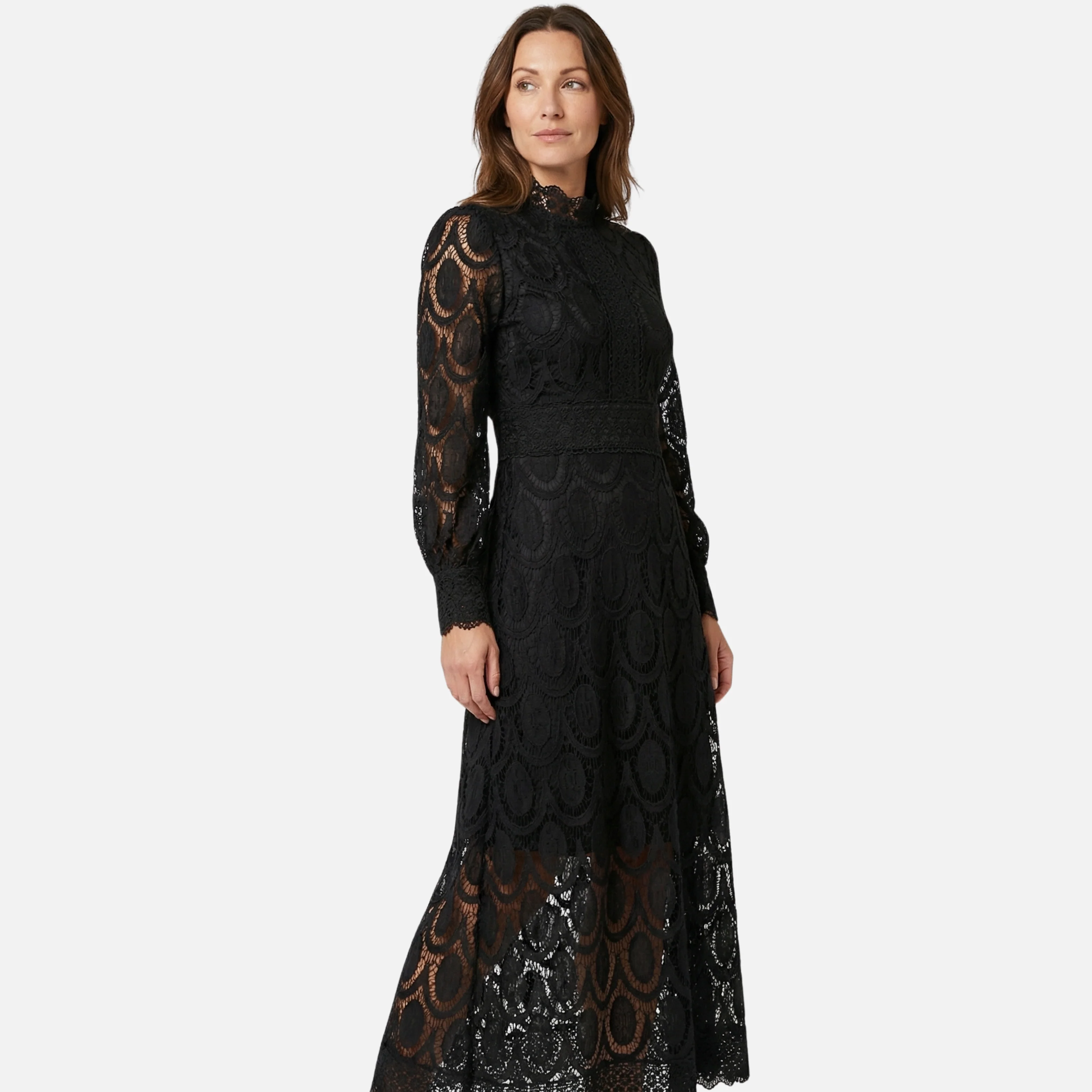 Cäcilia | Damen Elegantes Spitzenkleid Hochgeschlossen Midi A-Linie – Spitzen A-Linie