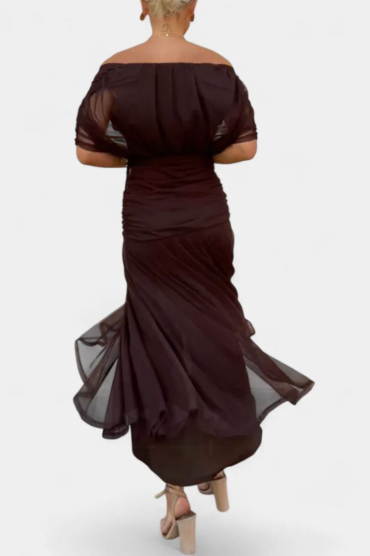 Elfriede | Damen Off-Shoulder Gerafftes Maxi Kleid - Image 3