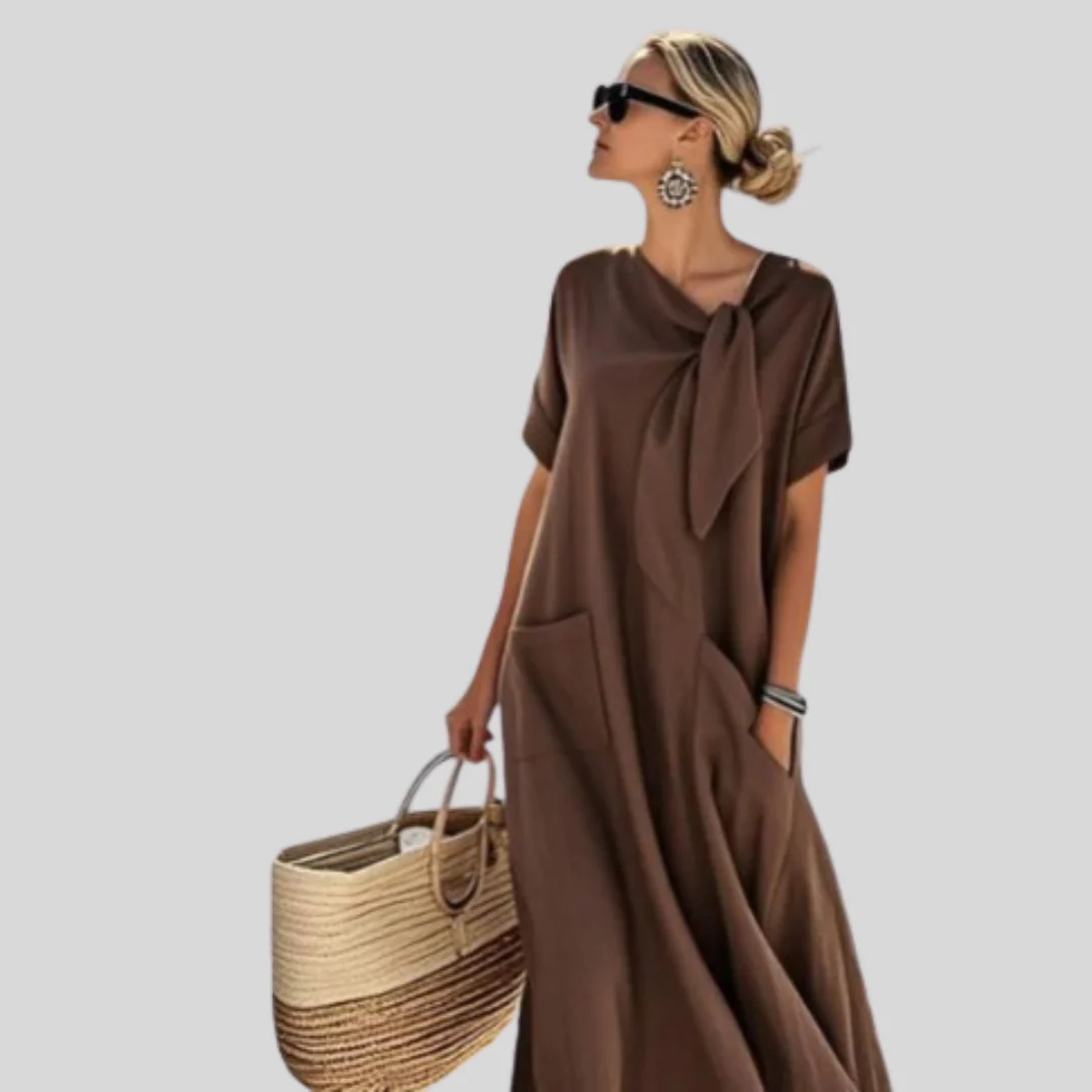 Elisa | Damen Lockeres Taschen Bindekragen Midi Kleid - Image 5