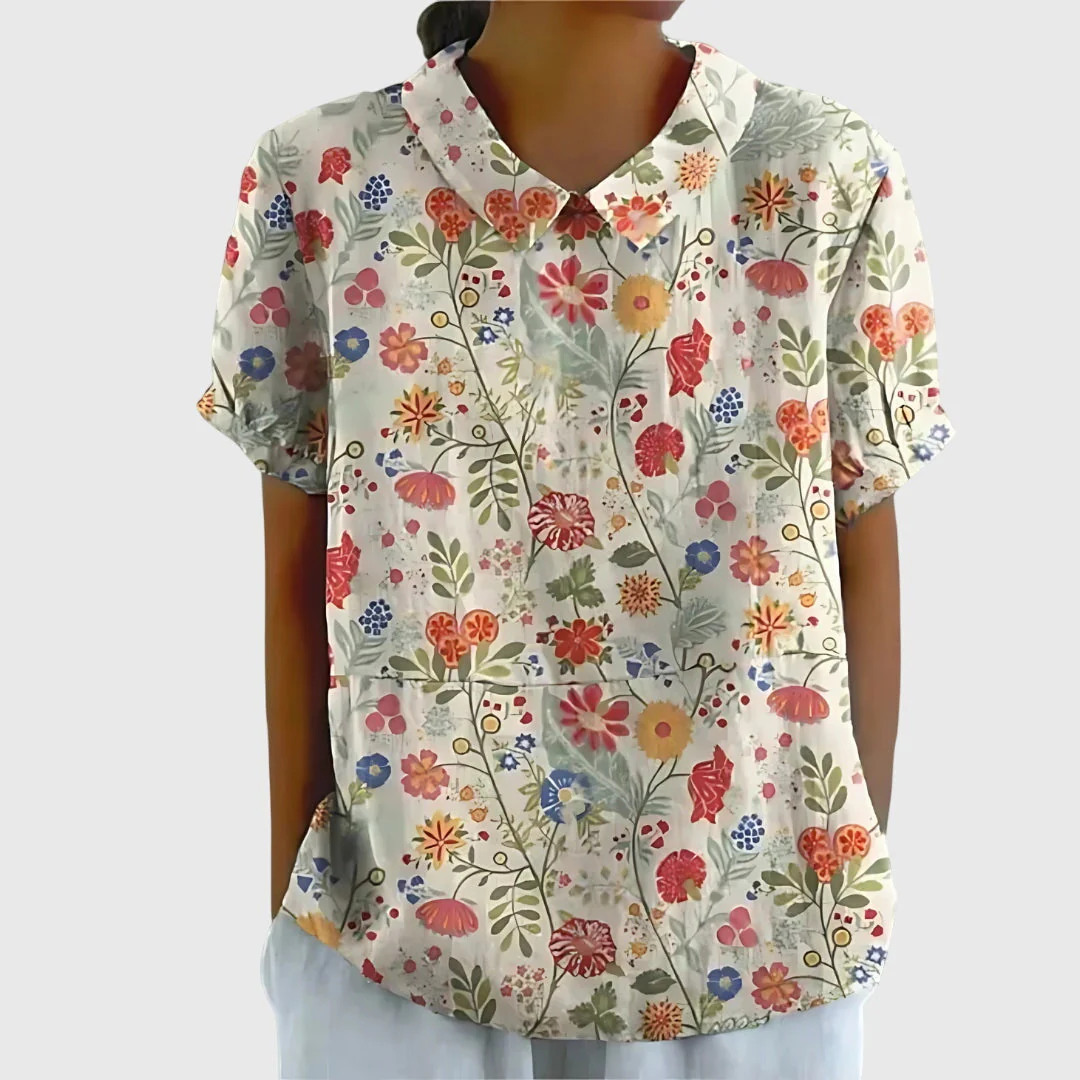 Elke | Damen Blumen Kragen Kurzarm Bluse - Image 10