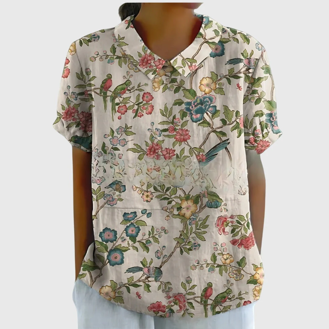 Elke | Damen Blumen Kragen Kurzarm Bluse - Image 11