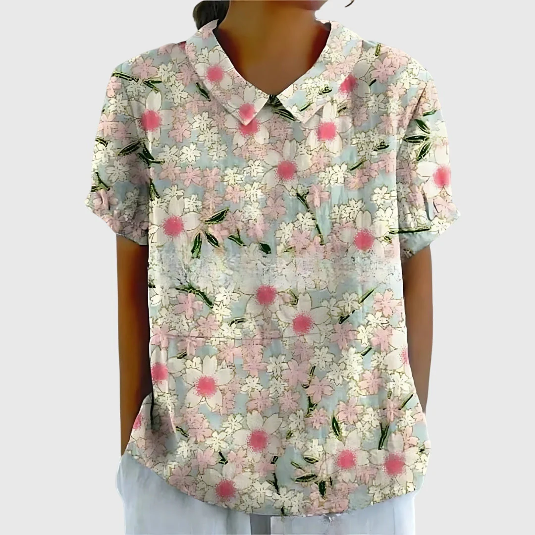 Elke | Damen Blumen Kragen Kurzarm Bluse - Image 12