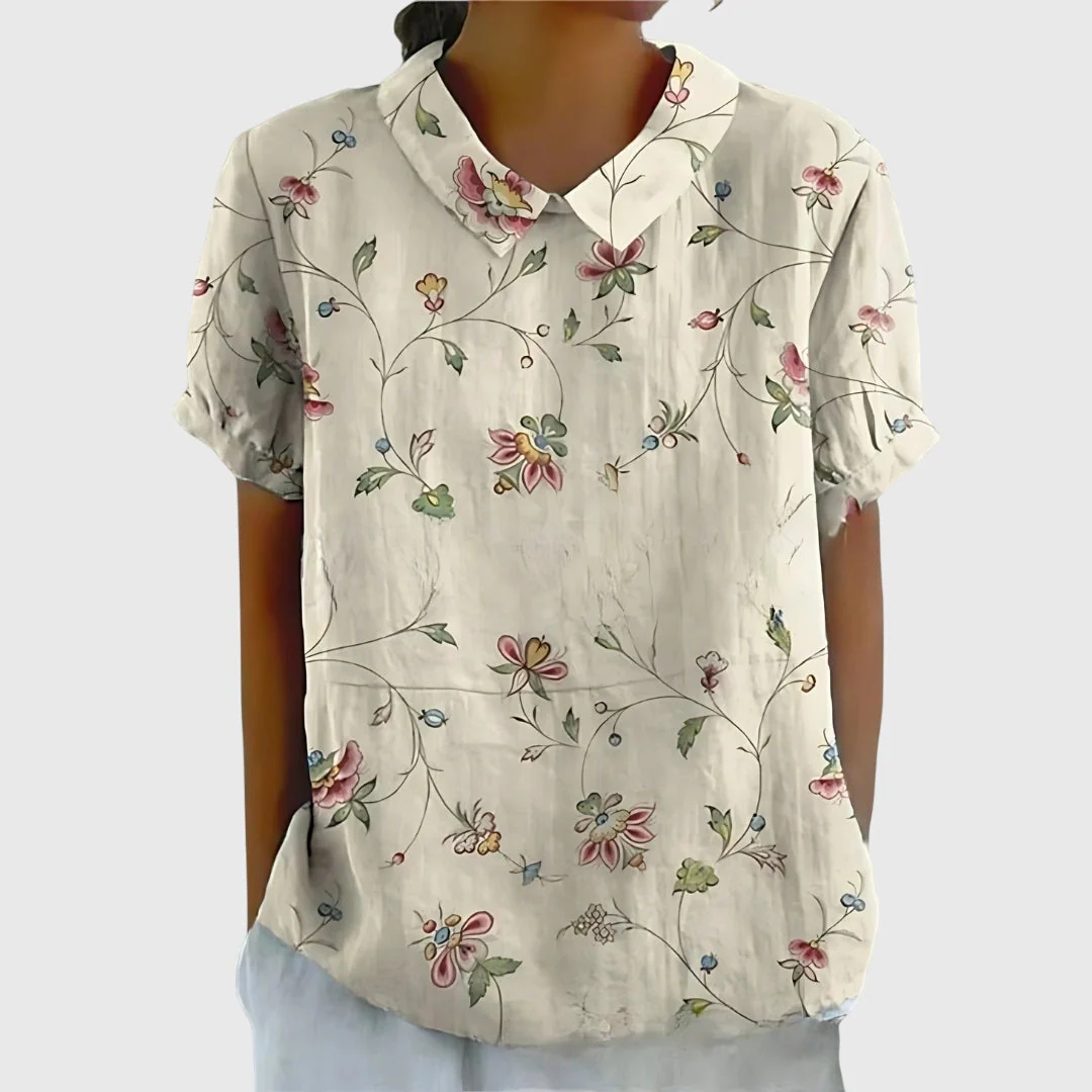 Elke | Damen Blumen Kragen Kurzarm Bluse - Image 2