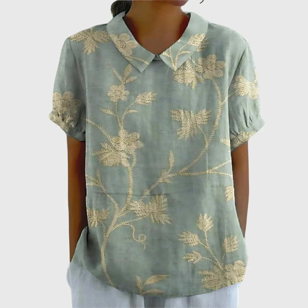 Elke | Damen Blumen Kragen Kurzarm Bluse - Image 3
