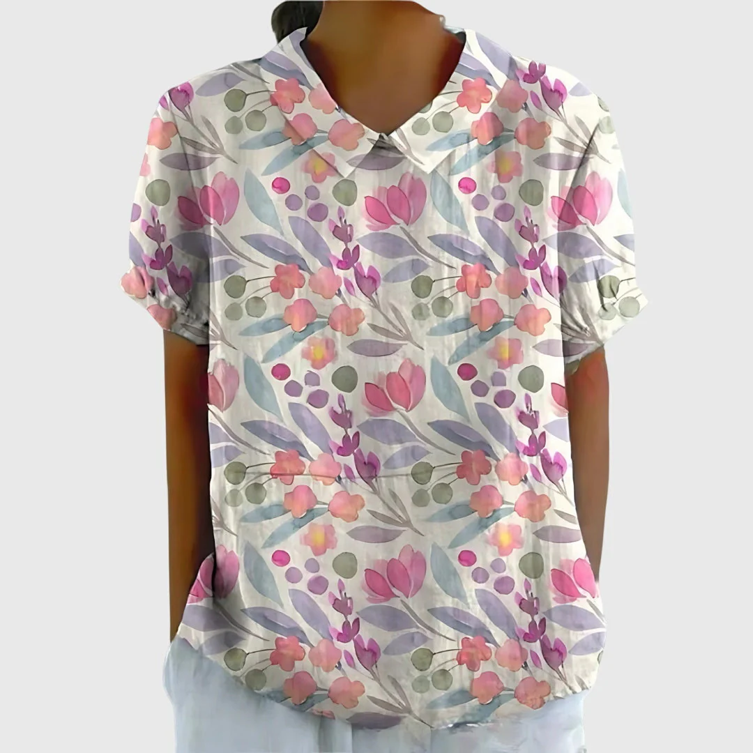 Elke | Damen Blumen Kragen Kurzarm Bluse - Image 8
