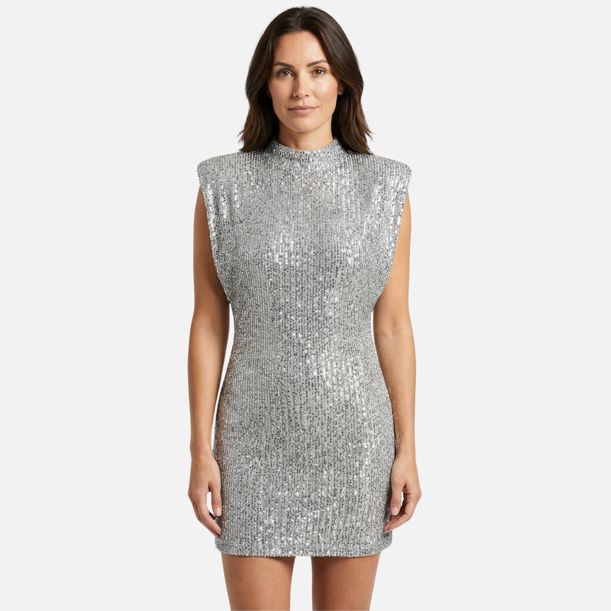 Bettina | Damen Eng Anliegendes Pailletten-Minikleid Stehkragen – Pailletten Mini