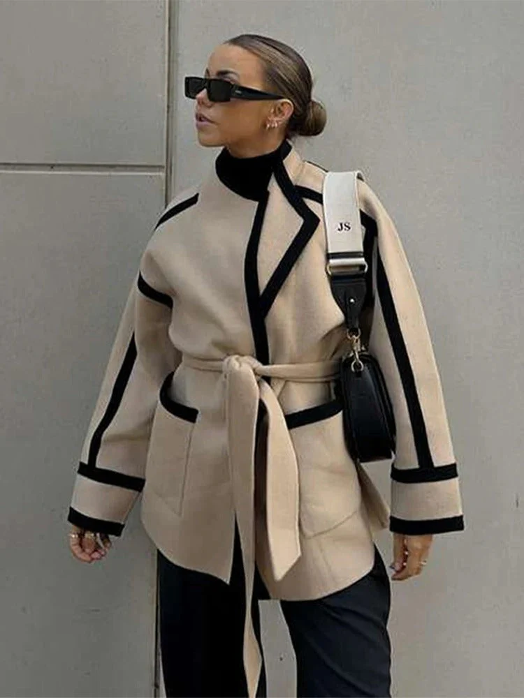 Erbsenjacke aus Wollmischung mit Kontrastbesatz Wickelmantel mit Gürtel - Image 4