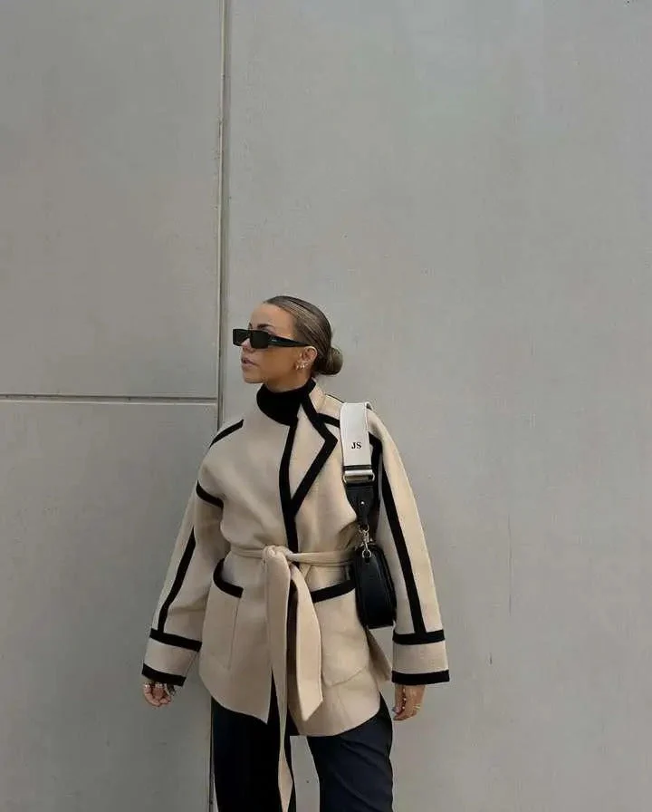 Erbsenjacke aus Wollmischung mit Kontrastbesatz Wickelmantel mit Gürtel - Image 6