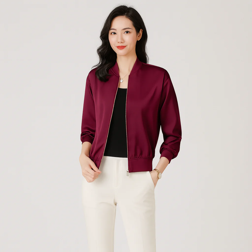 Fliegerblouson aus Satin für Damen – lockere Passform, Reißverschluss, Allwetterstil - Image 2