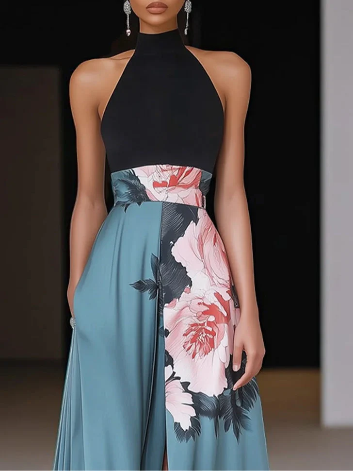 Florales Maxikleid mit Schlitz für Damen – Elegantes Sommer Kleid Lang im A-Linien-Design für Abendveranstaltungen