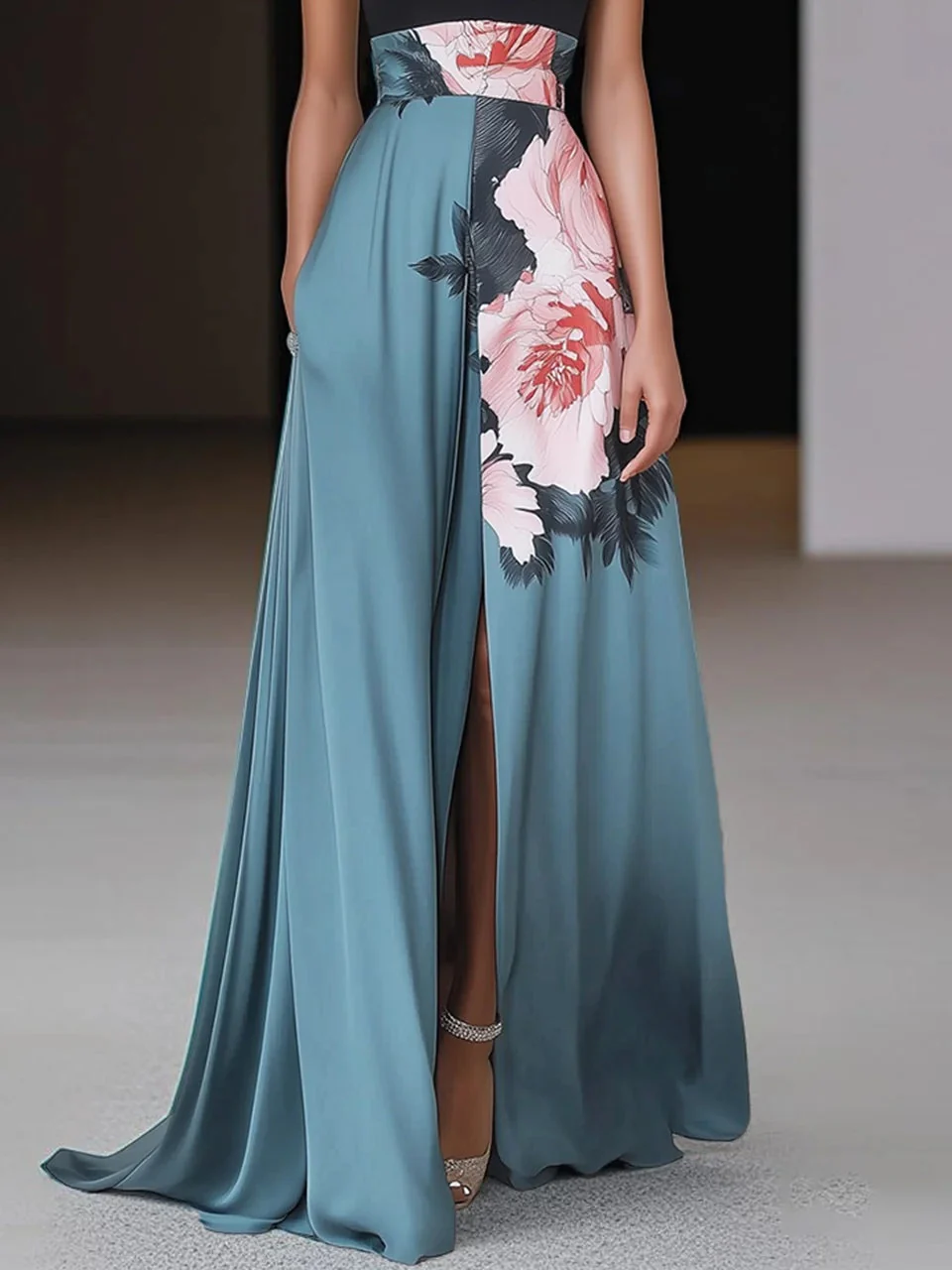 Florales Maxikleid mit Schlitz für Damen – Elegantes Sommer Kleid Lang im A-Linien-Design für Abendveranstaltungen - Image 2