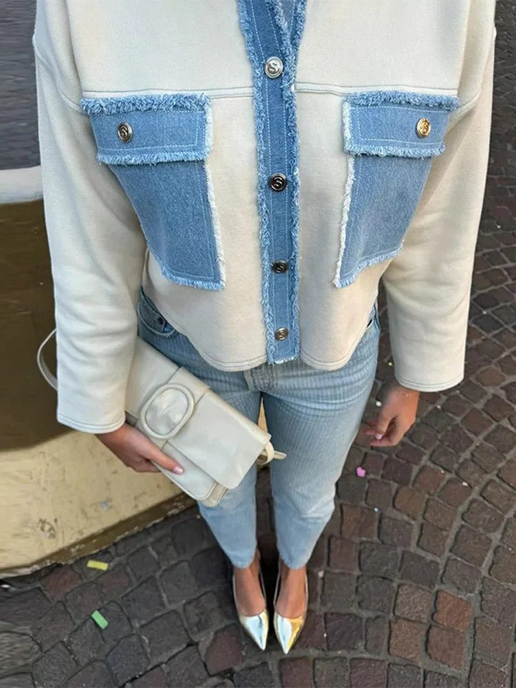 Frauen Mantel Denim Patchwork Jacke - Image 3