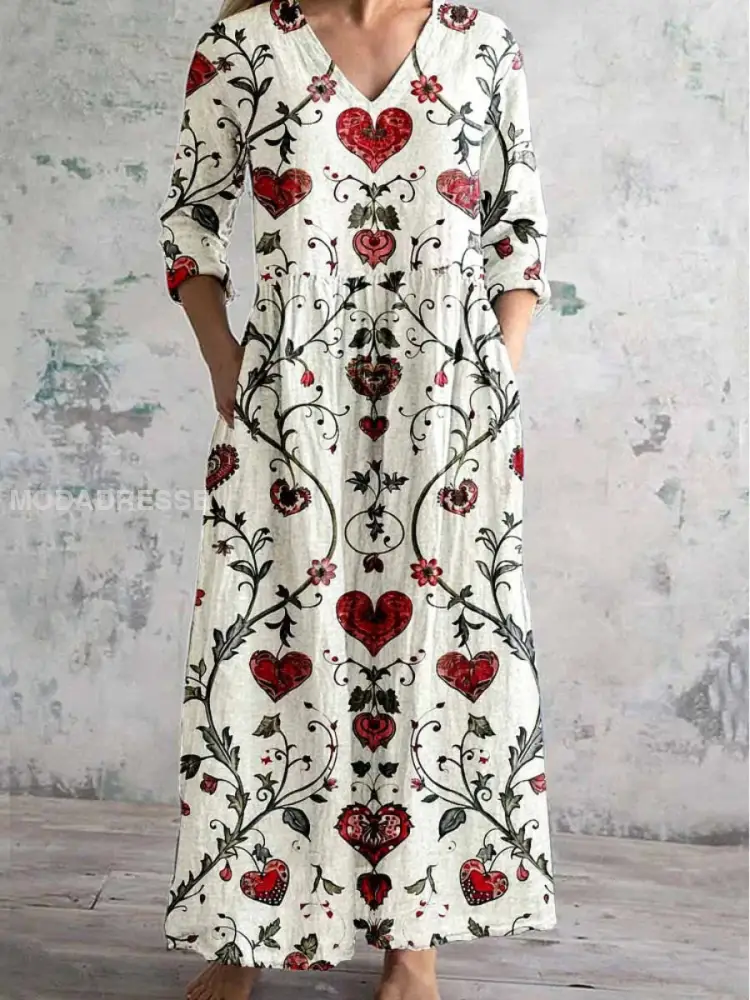 Frauen V-Ausschnitt Blumenmuster Kleid aus Baumwolle und Leinen