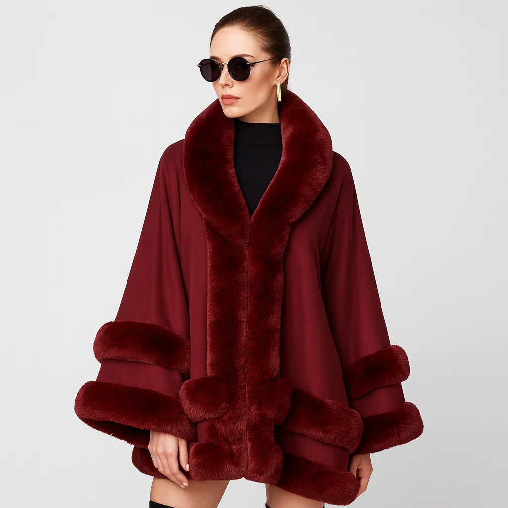 Friedela | Cape-Mantel mit flauschigem Besatz und Kapuze in Übergröße