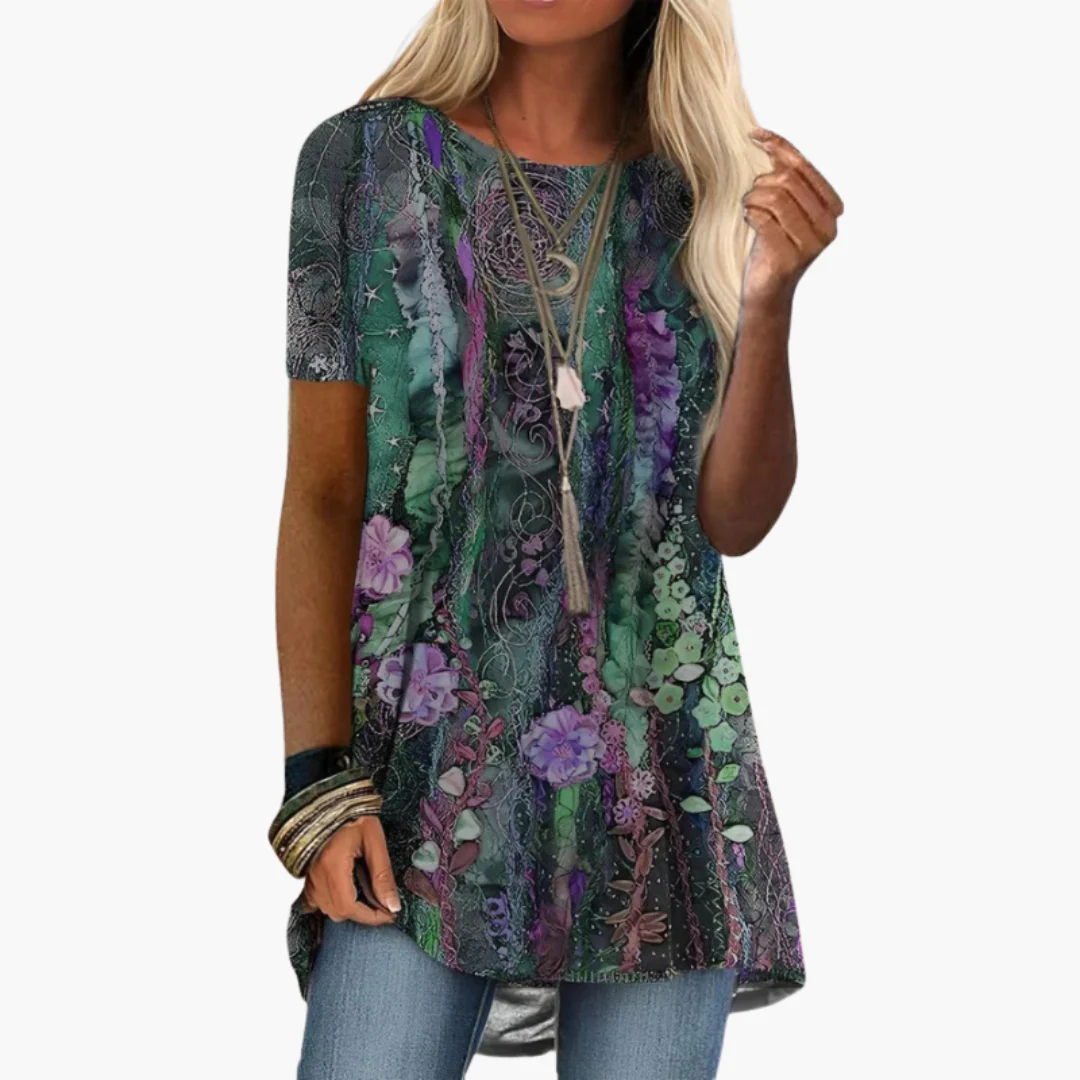 Geblümte Bluse für Damen - Kurzarm, Mehrfarbig, Elegant - Image 2