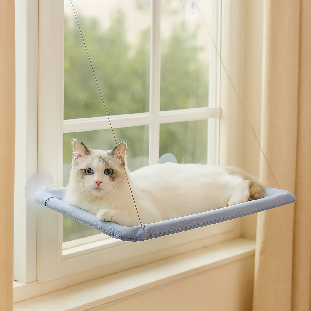 Gemütliche Katzenhängematte mit Fensterbefestigung