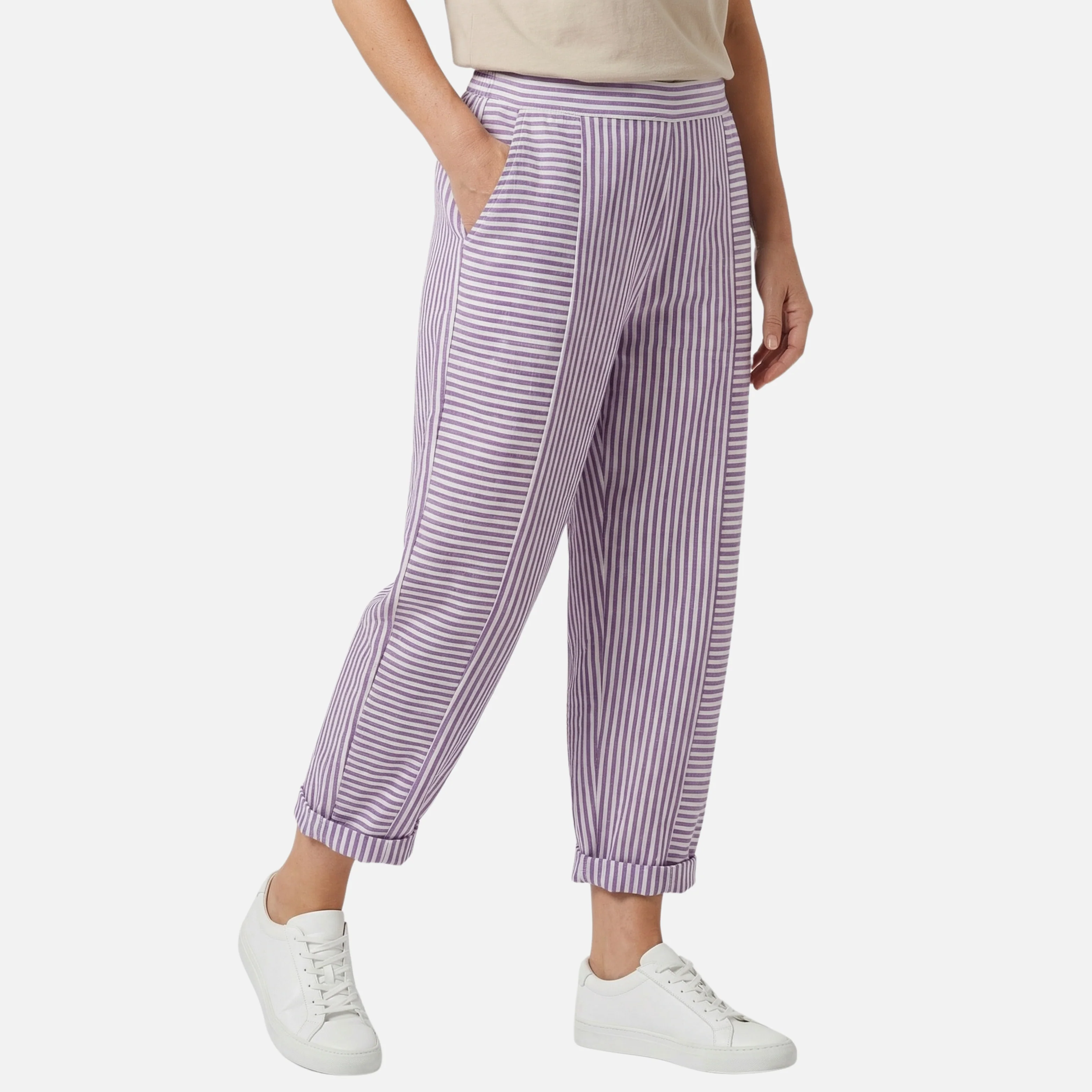 Ulrike | Damen Gestreifte High Waist Hose Rollsaum Taschen – Streifen High Waist