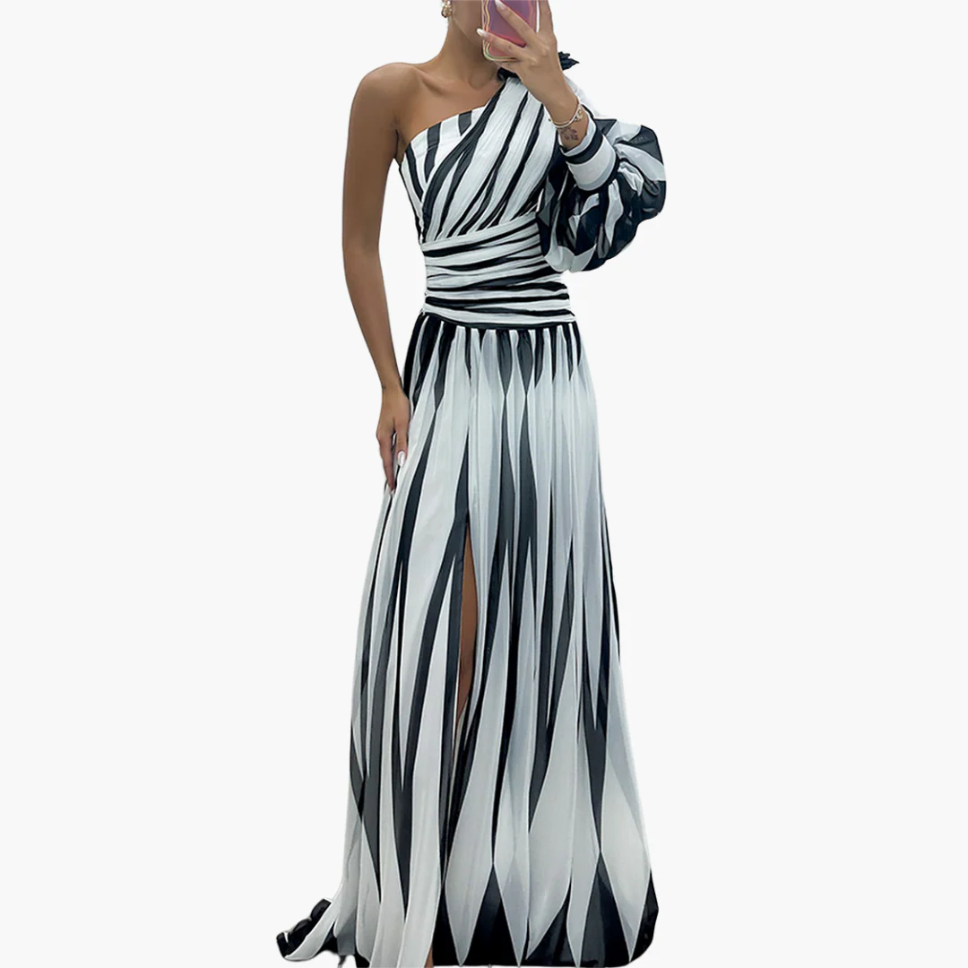 Gestreiftes One-Shoulder - Damen Maxikleid mit Schlitz elegant - Image 4