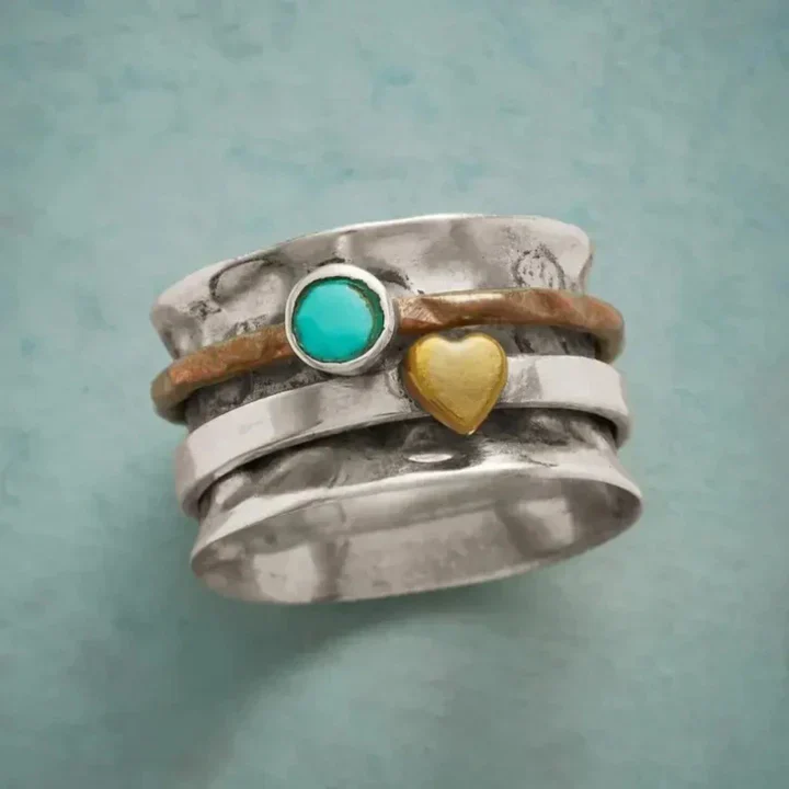 Gold Herz & Türkis Stein versilbert Ring