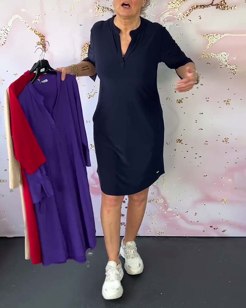 Hanneke - Einfarbiges Kleid mit V-Ausschnitt - Image 2