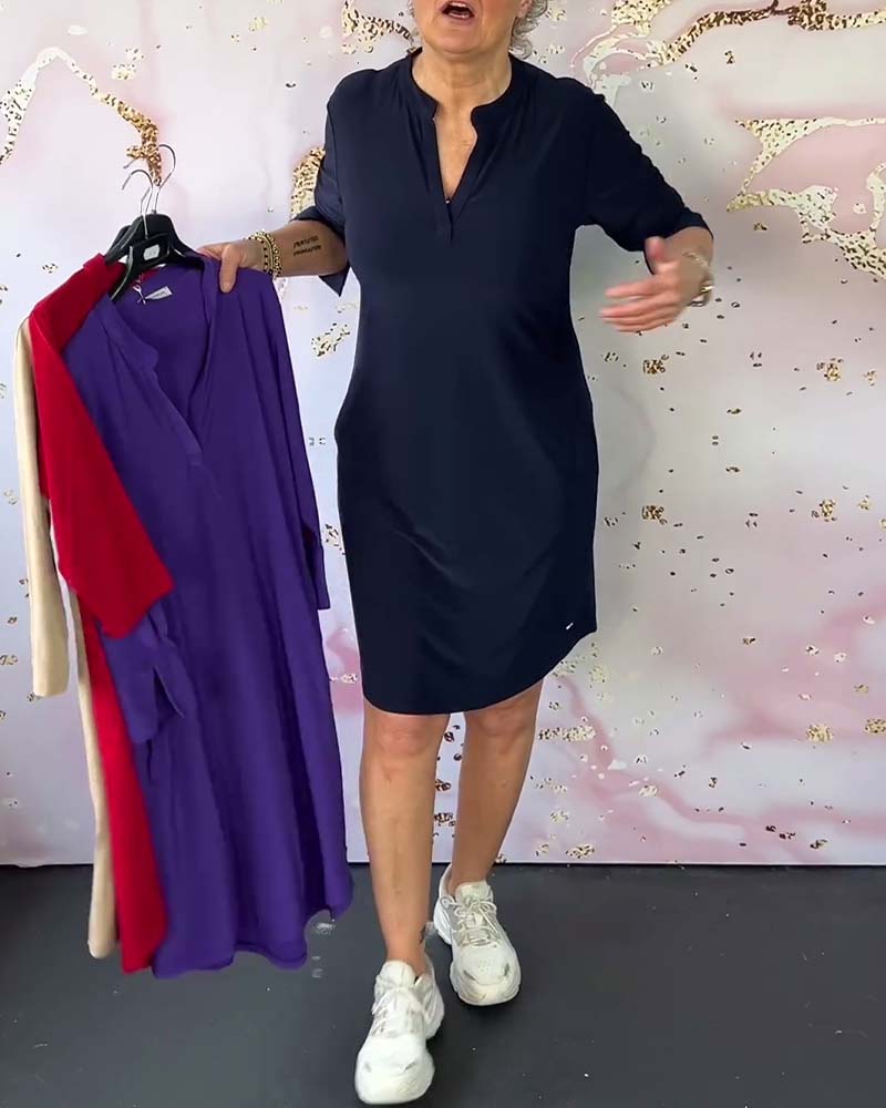 Hanneke - Einfarbiges Kleid mit V-Ausschnitt - Image 5