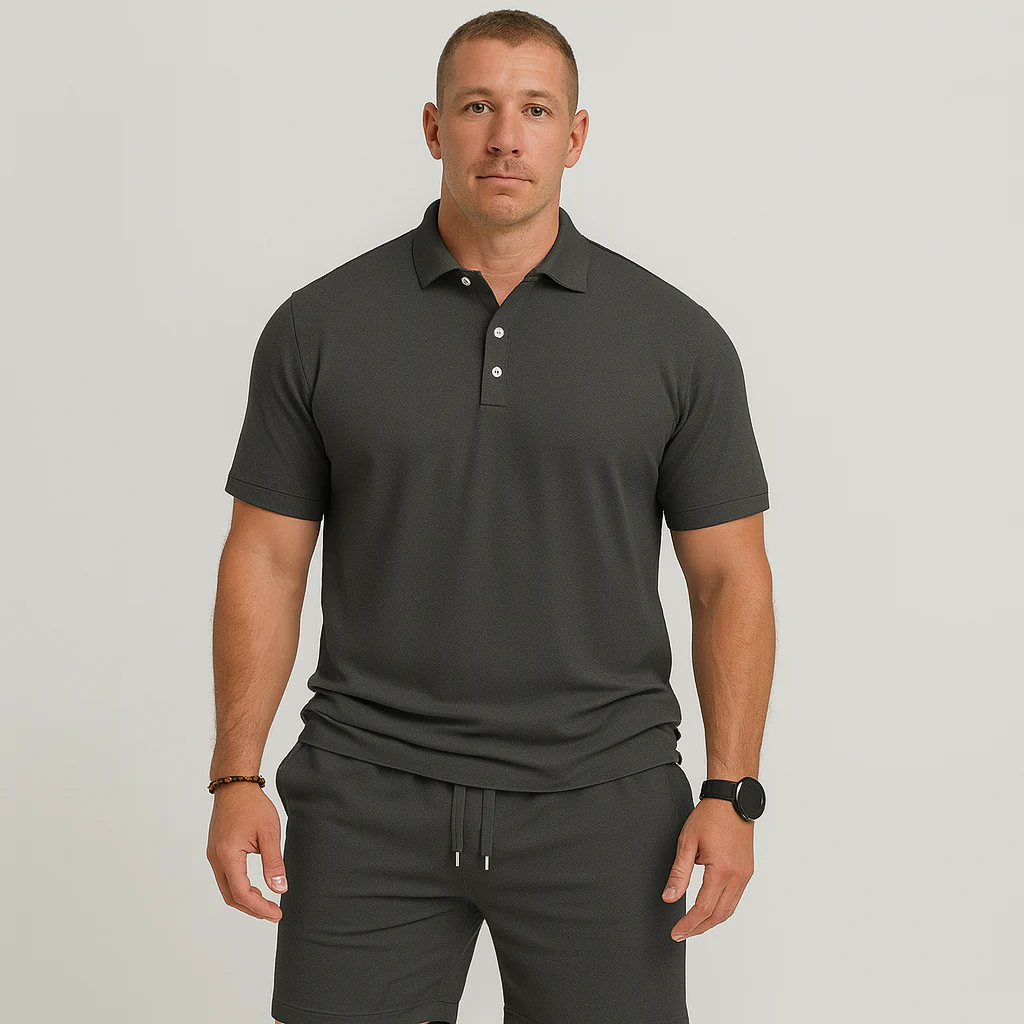Herren Sommer Casual Set – Leichtes Oberteil mit Golfkragen und einfarbige Shorts mit Taschen - Image 5