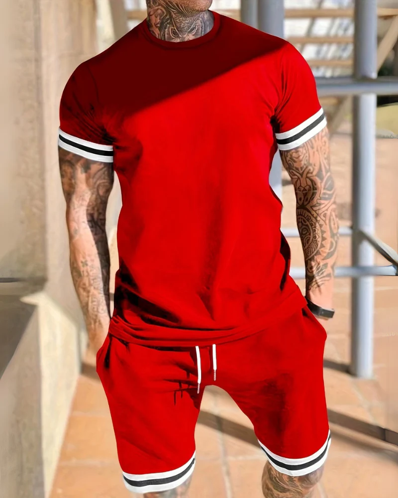 Herren Sport Set mit T-Shirt & Shorts | Zweiteiler mit Streifen für Sommer & Training - Image 3