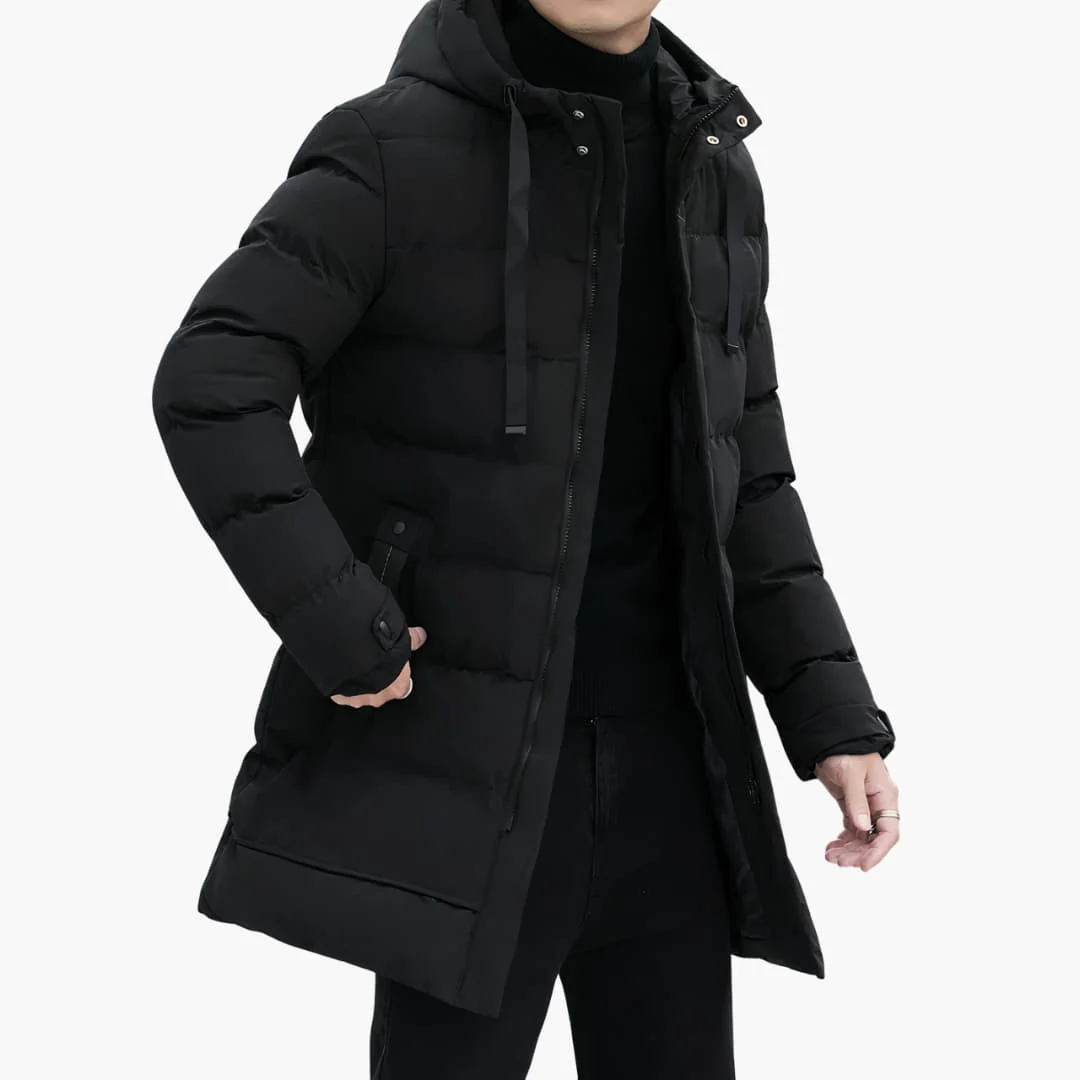 Herren Steppjacke Lang mit Kapuze und Reißverschluss