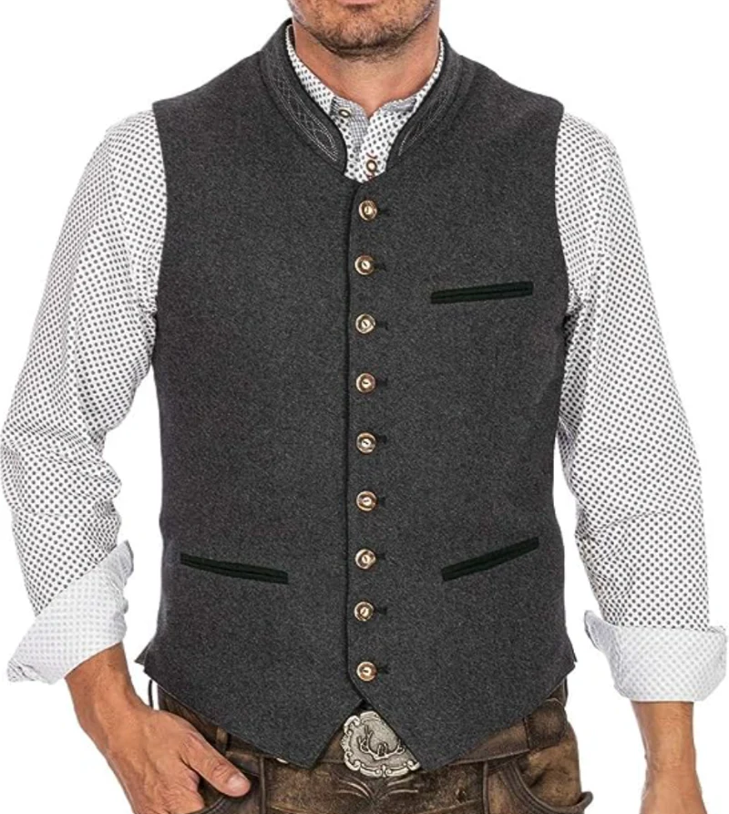 Herren Weste im Traditionellen Stil für Formelle und Informelle Anlässe mit Koreanischem Kragen und Praktischen Taschen