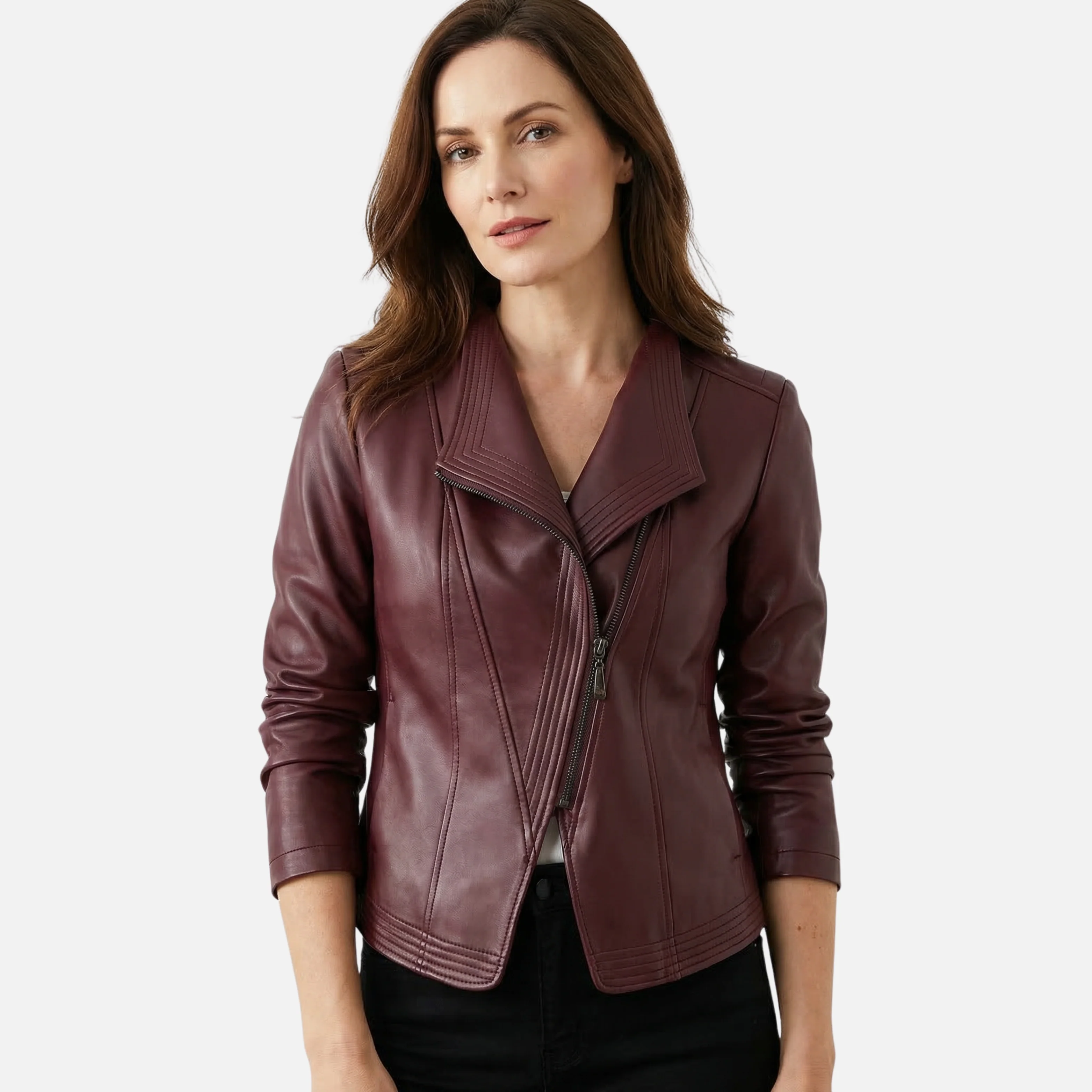 Yvette | Damen Hochglänzende Taillierte Kunstlederjacke Breites Revers – PU Leder Jacke