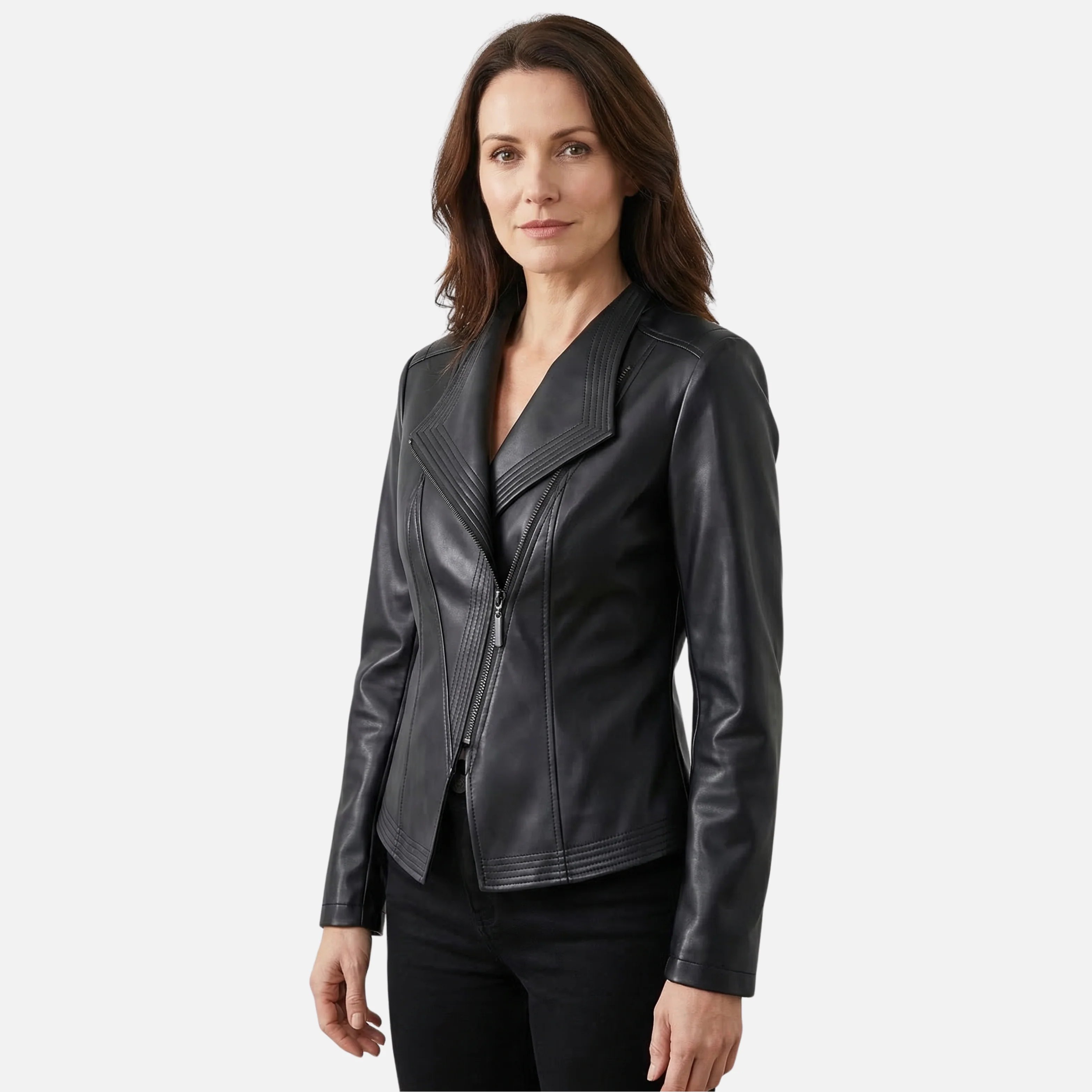 Yvette | Damen Hochglänzende Taillierte Kunstlederjacke Breites Revers – PU Leder Jacke - Image 2