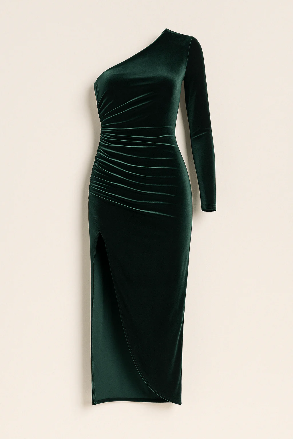 Jade Ein-Schulter-Midikleid aus Samt mit Rüschen