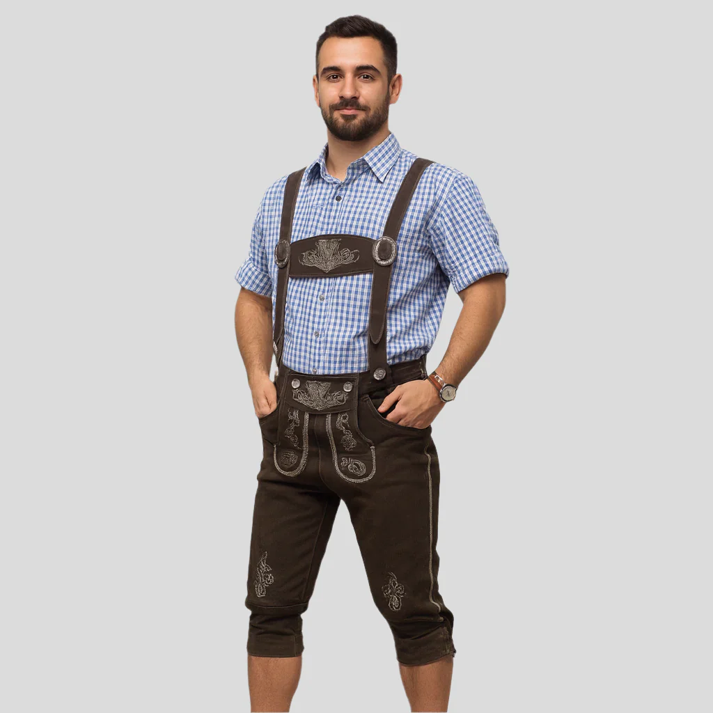 Kniebundlederhose Herren – Dunkelbraune Trachtenhose mit Trägern aus Echtleder fürs Oktoberfest - Image 2