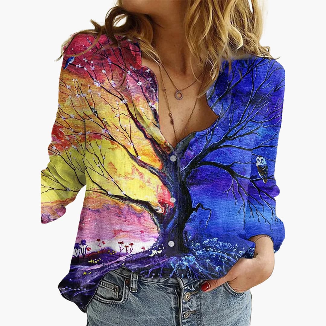 Kunstvoll bedruckte V-Ausschnitt Bluse - Damen Freizeitlook - Image 12