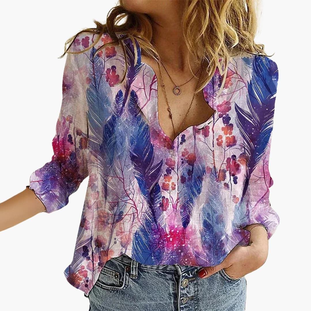 Kunstvoll bedruckte V-Ausschnitt Bluse - Damen Freizeitlook - Image 2